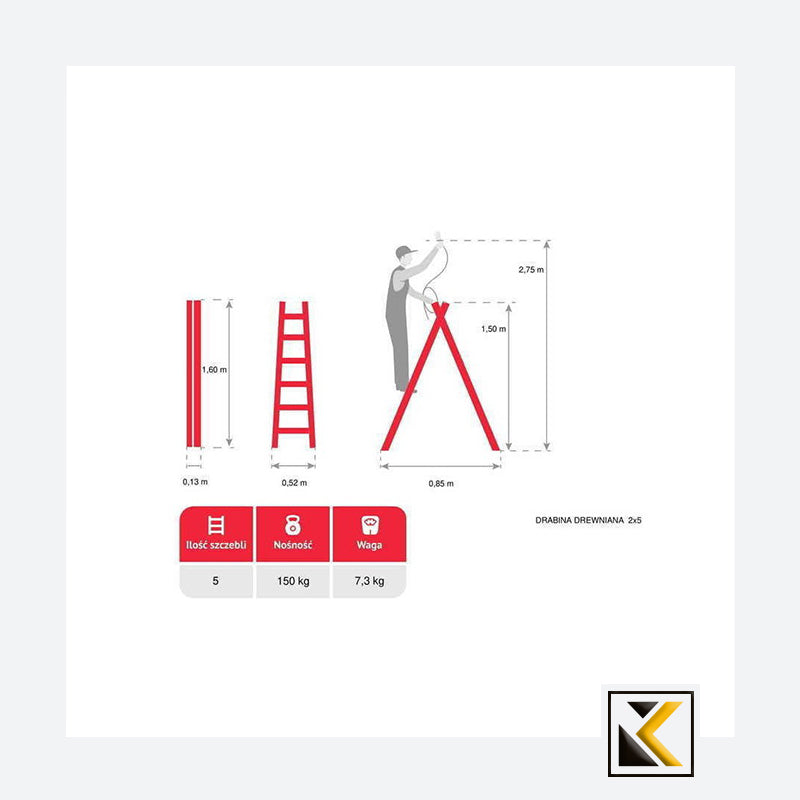 Dubbelzijdige vrijstaande houten ladder 2x5 150kg